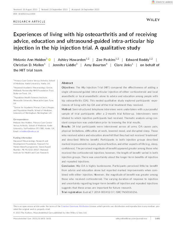 Experiences of living with hip osteoarthritis and of receiving advice, education and ultrasound‐guided intra‐articular hip injection in the hip injection trial. A qualitative study Thumbnail