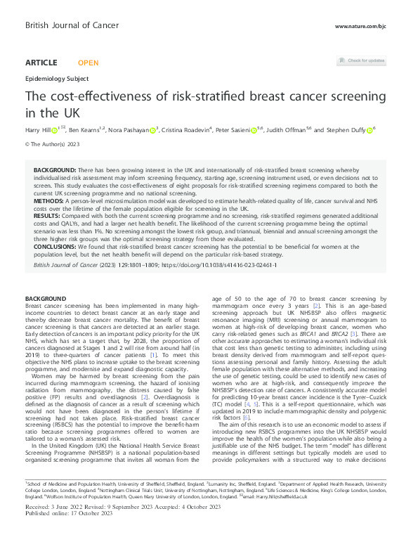 The cost-effectiveness of risk-stratified breast cancer screening in the UK Thumbnail