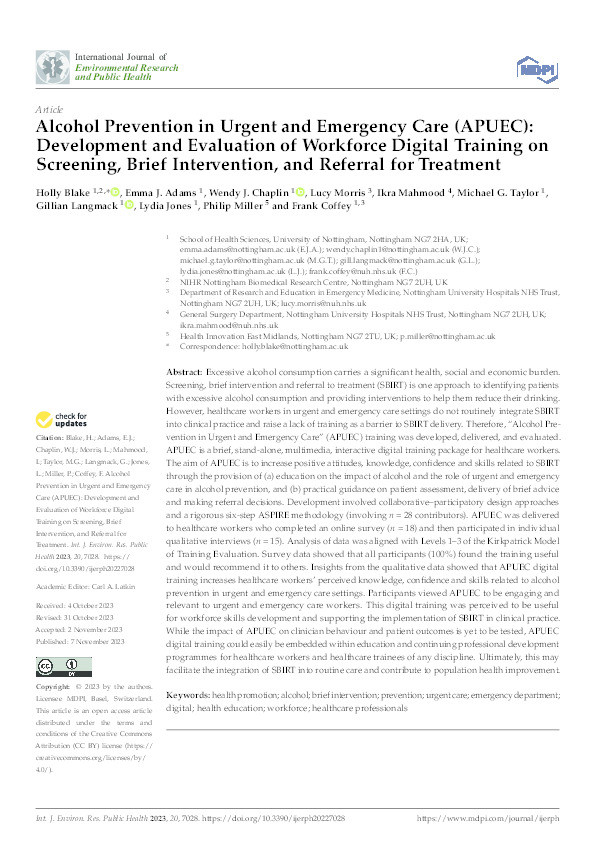 Alcohol Prevention in Urgent and Emergency Care (APUEC): Development and Evaluation of Workforce Digital Training on Screening, Brief Intervention, and Referral for Treatment Thumbnail