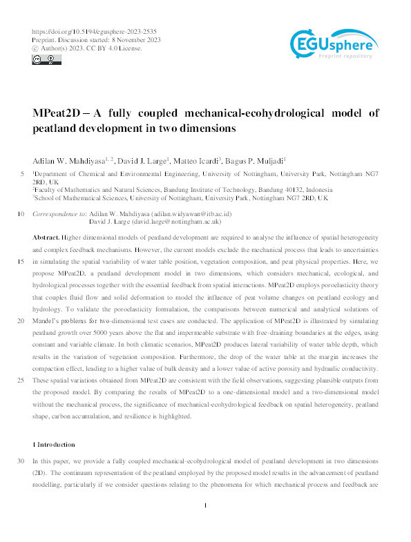 MPeat2D - A fully coupled mechanical-ecohydrological model of peatland development in two dimensions Thumbnail