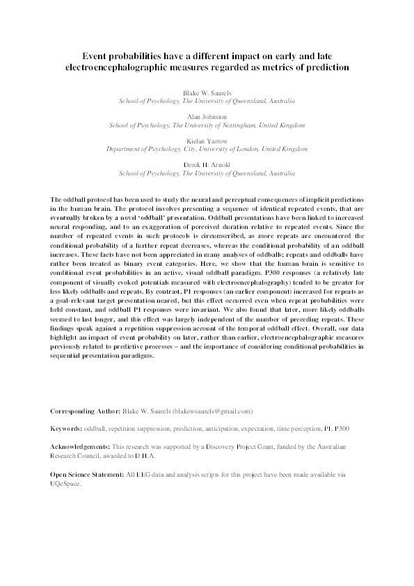 Event probabilities have a different impact on early and late electroencephalographic measures regarded as metrics of prediction Thumbnail