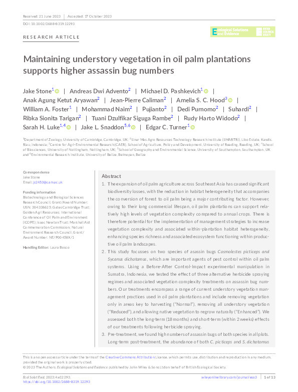 Maintaining understory vegetation in oil palm plantations supports higher assassin bug numbers Thumbnail