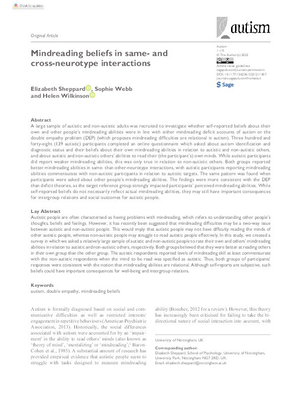 Mindreading beliefs in same- and cross-neurotype interactions Thumbnail