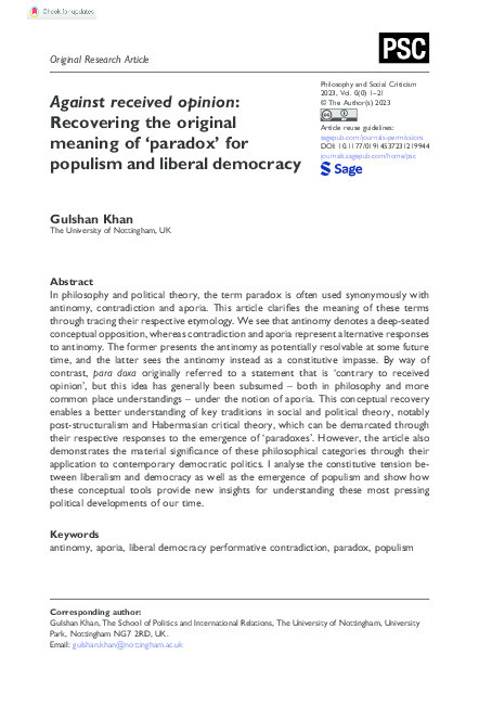 Against received ppinion: recovering the original meaning of ‘paradox’ for an analysis of populism and liberal democracy Thumbnail