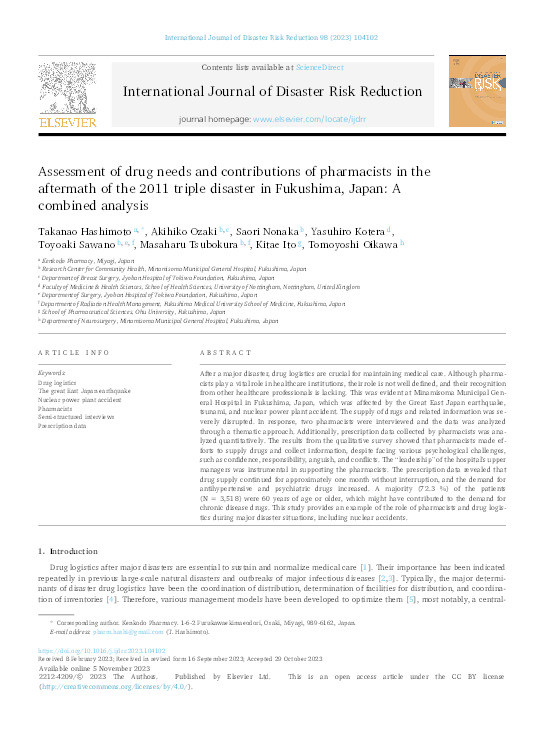 Assessment of drug needs and contributions of pharmacists in the aftermath of the 2011 triple disaster in Fukushima, Japan: A combined analysis Thumbnail