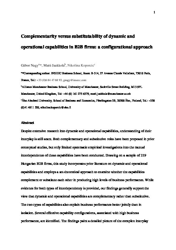 Complementarity versus substitutability of dynamic and operational capabilities in B2B firms: A configurational approach Thumbnail