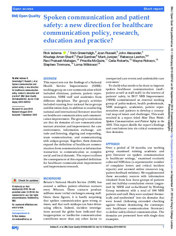 Spoken communication and patient safety: A new direction for healthcare communication policy, research, education and practice? Thumbnail