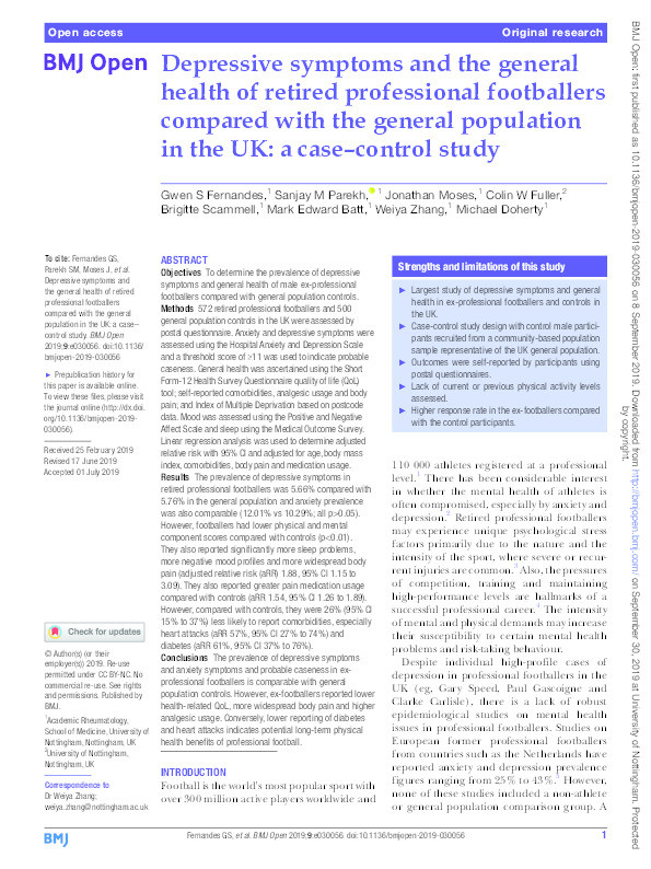 Depressive symptoms and the general health of retired professional footballers compared with the general population in the UK: a case–control study Thumbnail