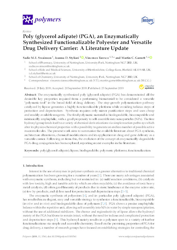 Poly (glycerol adipate) (PGA), an Enzymatically Synthesized Functionalizable Polyester and Versatile Drug Delivery Carrier: A Literature Update Thumbnail