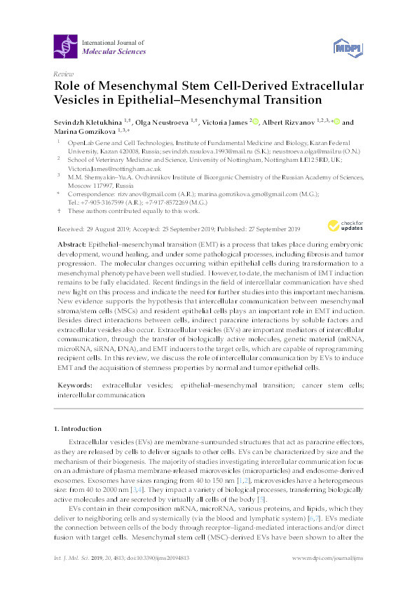 Role of Mesenchymal Stem Cell-Derived Extracellular Vesicles in Epithelial-Mesenchymal Transition Thumbnail