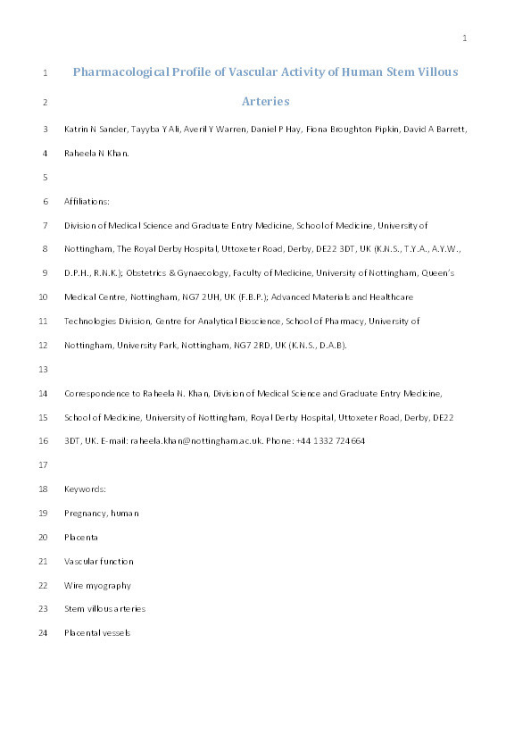 Pharmacological profile of vascular activity of human stem villous arteries Thumbnail