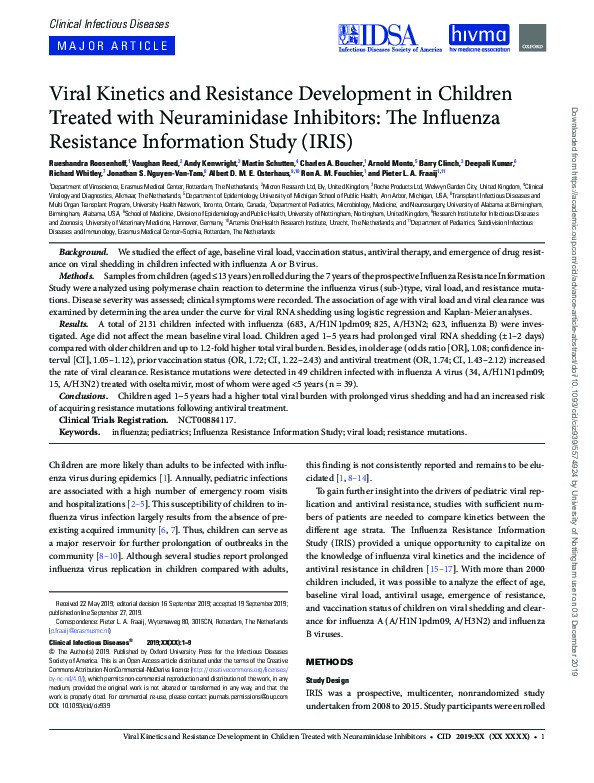 Viral Kinetics and Resistance Development in Children Treated with Neuraminidase Inhibitors: The Influenza Resistance Information Study (IRIS) Thumbnail