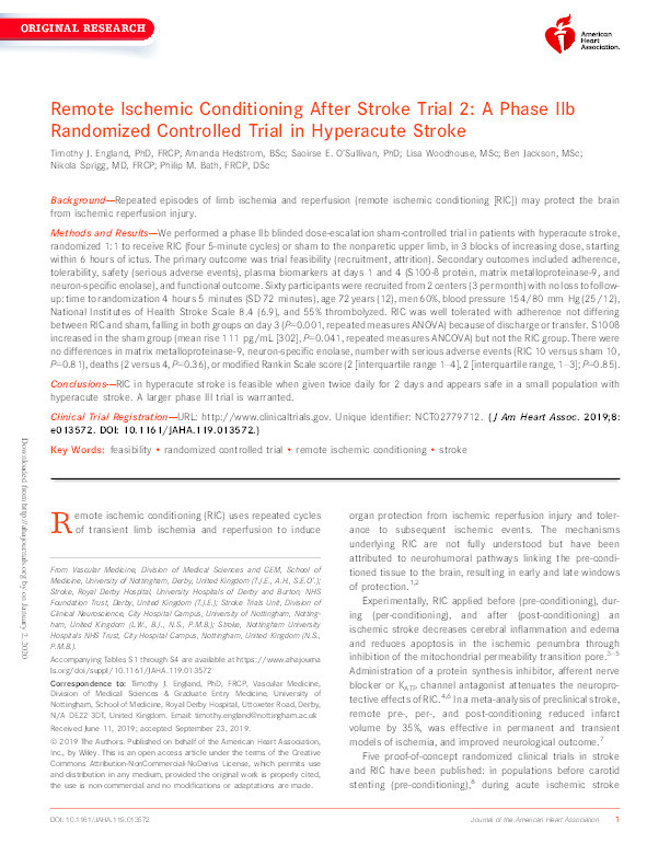 Remote Ischemic Conditioning After Stroke Trial 2: A Phase IIb Randomized Controlled Trial in Hyperacute Stroke Thumbnail