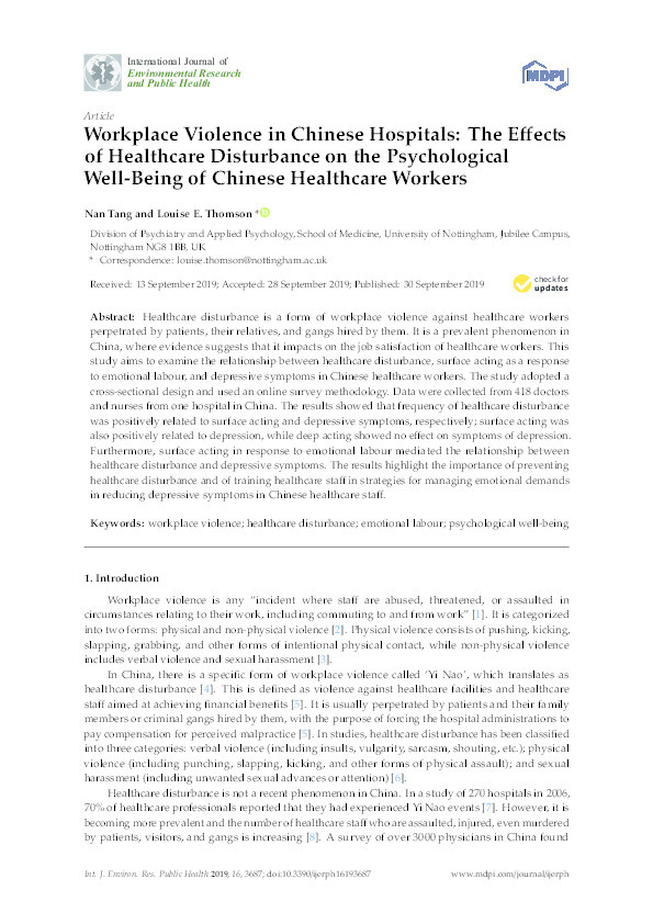 Workplace Violence in Chinese Hospitals: The Effects of Healthcare Disturbance on the Psychological Well-Being of Chinese Healthcare Workers Thumbnail