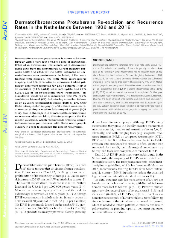 Dermatofibrosarcoma Protuberans Re-excision and Recurrence Rates in the Netherlands Between 1989 and 2016 Thumbnail