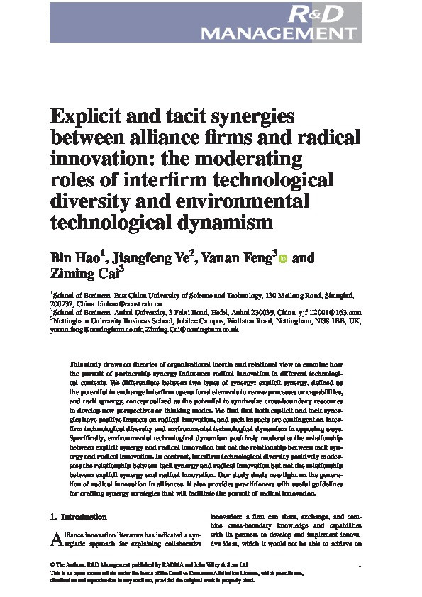 The effect of explicit and tacit synergies on alliances radical innovation: The moderating roles of interfirm technological diversity and environmental technological dynamism Thumbnail