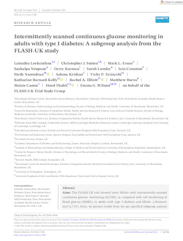Intermittently scanned continuous glucose monitoring in adults with type 1 diabetes: A subgroup analysis from the FLASH-UK study Thumbnail