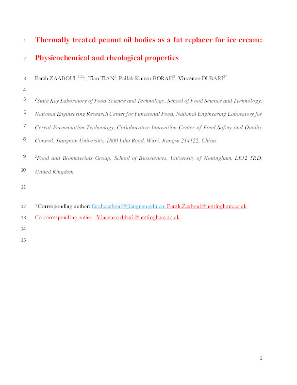 Thermally treated peanut oil bodies as a fat replacer for ice cream: Physicochemical and rheological properties Thumbnail