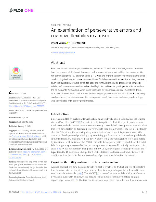 An examination of perseverative errors and cognitive flexibility in autism Thumbnail