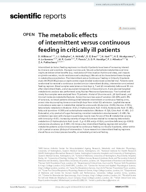 The metabolic effects of intermittent versus continuous feeding in critically ill patients Thumbnail