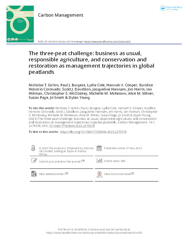 The three-peat challenge: business as usual, responsible agriculture, and conservation and restoration as management trajectories in global peatlands Thumbnail