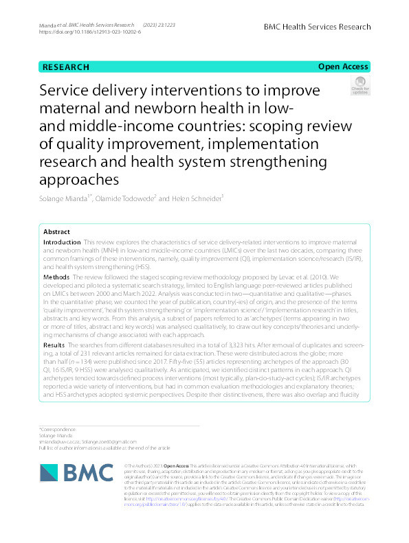 Service delivery interventions to improve maternal and newborn health in low- and middle-income countries: scoping review of quality improvement, implementation research and health system strengthening approaches Thumbnail