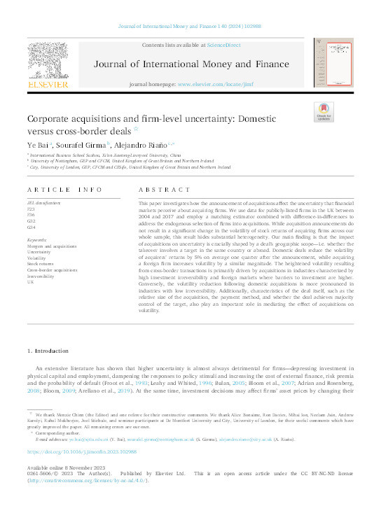 Corporate acquisitions and firm-level uncertainty: Domestic versus cross-border deals Thumbnail