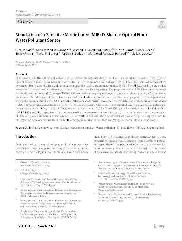 Simulation of a Sensitive Mid-infrared (MIR) D-Shaped Optical Fiber Water Pollutant Sensor Thumbnail