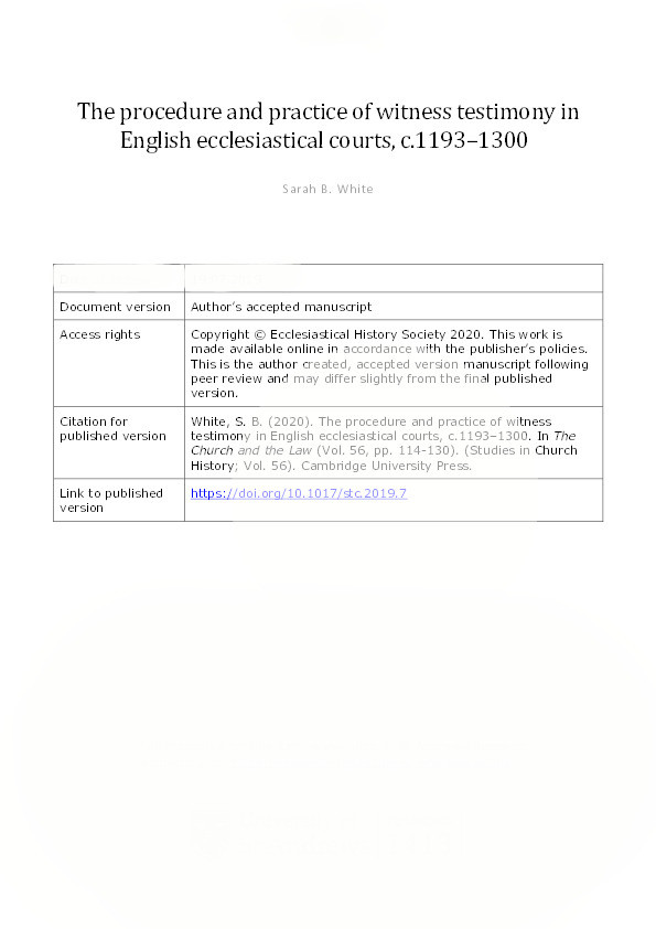 The Procedure and Practice of Witness Testimony in English Ecclesiastical Courts, c.1193–1300 Thumbnail