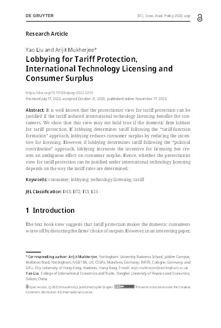 Lobbying for Tariff Protection, International Technology Licensing and Consumer Surplus Thumbnail