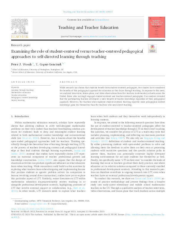 Examining the role of student-centered versus teacher-centered pedagogical approaches to self-directed learning through teaching Thumbnail