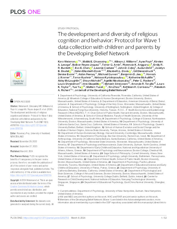 The development and diversity of religious cognition and behavior: Protocol for Wave 1 data collection with children and parents by the Developing Belief Network Thumbnail