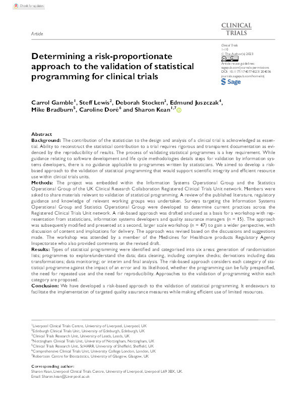 Determining a risk-proportionate approach to the validation of statistical programming for clinical trials Thumbnail
