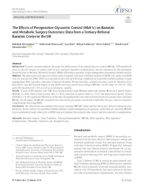 The Effects of Preoperative Glycaemic Control (HbA1c) on Bariatric and Metabolic Surgery Outcomes: Data from a Tertiary-Referral Bariatric Centre in the UK Thumbnail