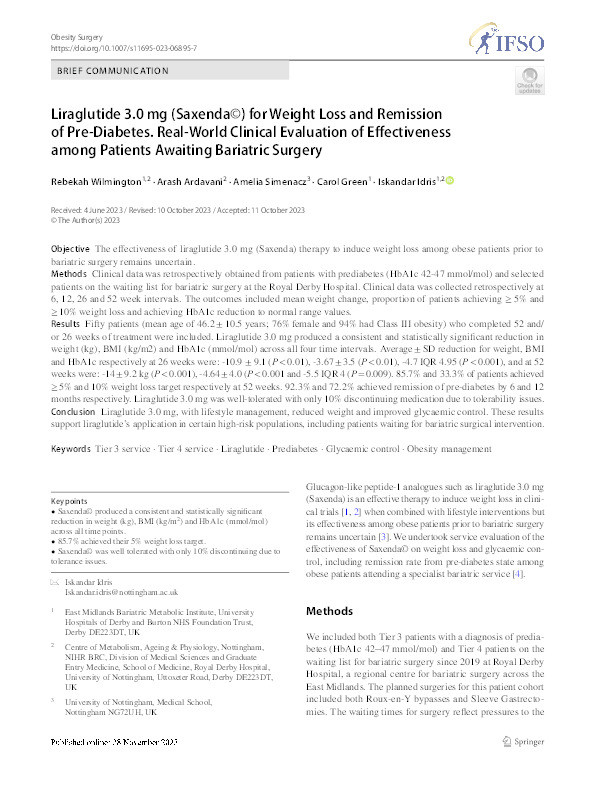 Liraglutide 3.0mg (Saxenda©) for weight loss and remission of pre-diabetes. Real- world clinical evaluation of effectiveness among patients awaiting bariatric surgery Thumbnail