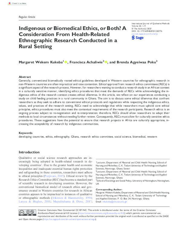 Indigenous or biomedical ethics, or both? A consideration from health-related ethnographic research conducted in a rural setting Thumbnail