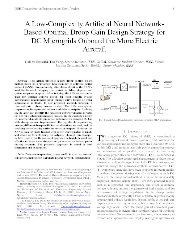 A Low-Complexity Artificial Neural Network-Based Optimal Droop Gain Design Strategy for DC Microgrids Onboard the More Electric Aircraft Thumbnail