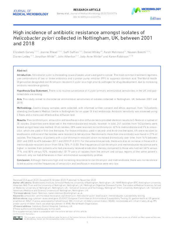 High incidence of antibiotic resistance amongst isolates of Helicobacter pylori collected in Nottingham, UK, between 2001 and 2018 Thumbnail