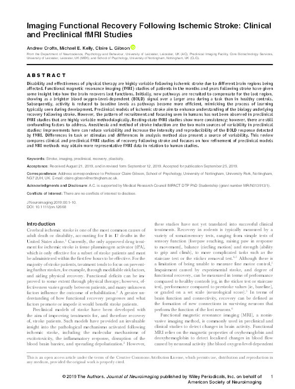 Imaging functional recovery following ischemic stroke: clinical and preclinical fMRI studies Thumbnail