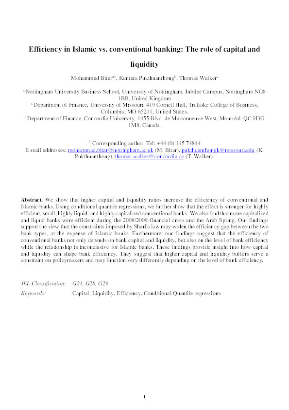 Efficiency in Islamic vs. conventional banking: The role of capital and liquidity Thumbnail