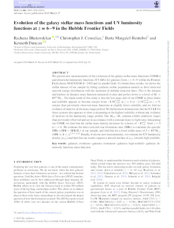 Evolution of the galaxy stellar mass functions and UV luminosity functions at z = 6-9 in the Hubble Frontier Fields Thumbnail