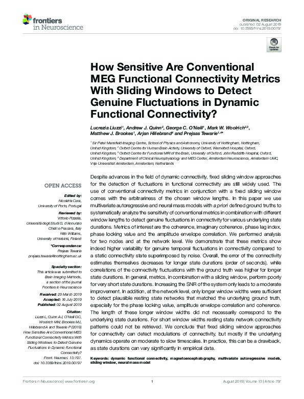 How Sensitive Are Conventional MEG Functional Connectivity Metrics With Sliding Windows to Detect Genuine Fluctuations in Dynamic Functional Connectivity? Thumbnail