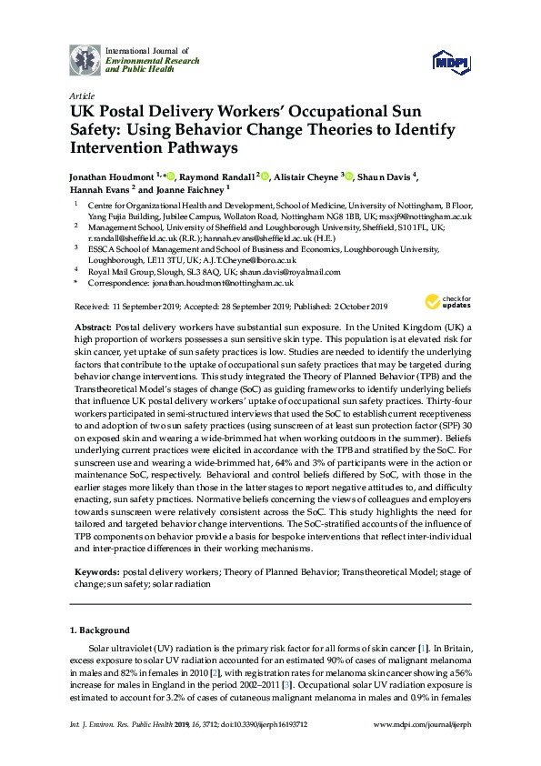 UK Postal Delivery Workers’ Occupational Sun Safety: Using Behavior Change Theories to Identify Intervention Pathways Thumbnail