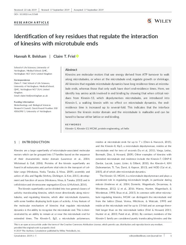 Identification of key residues that regulate the interaction of kinesins with microtubule ends Thumbnail