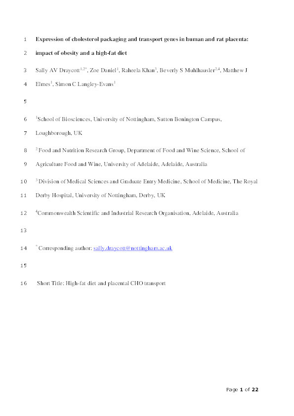 Expression of cholesterol packaging and transport genes in human and rat placenta: impact of obesity and a high-fat diet Thumbnail