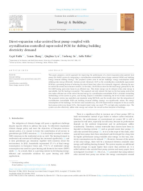 Direct-expansion solar-assisted heat pump coupled with crystallisation-controlled supercooled PCM for shifting building electricity demand Thumbnail