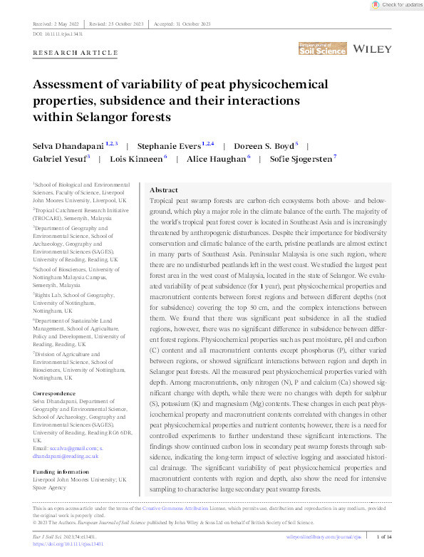 Assessment of variability of peat physicochemical properties, subsidence and their interactions within Selangor forests Thumbnail