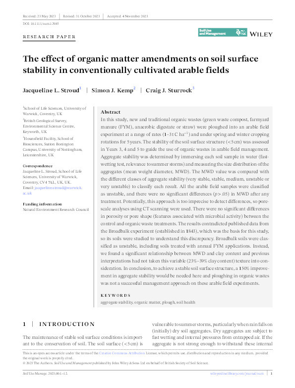 The effect of organic matter amendments on soil surface stability in conventionally cultivated arable fields Thumbnail