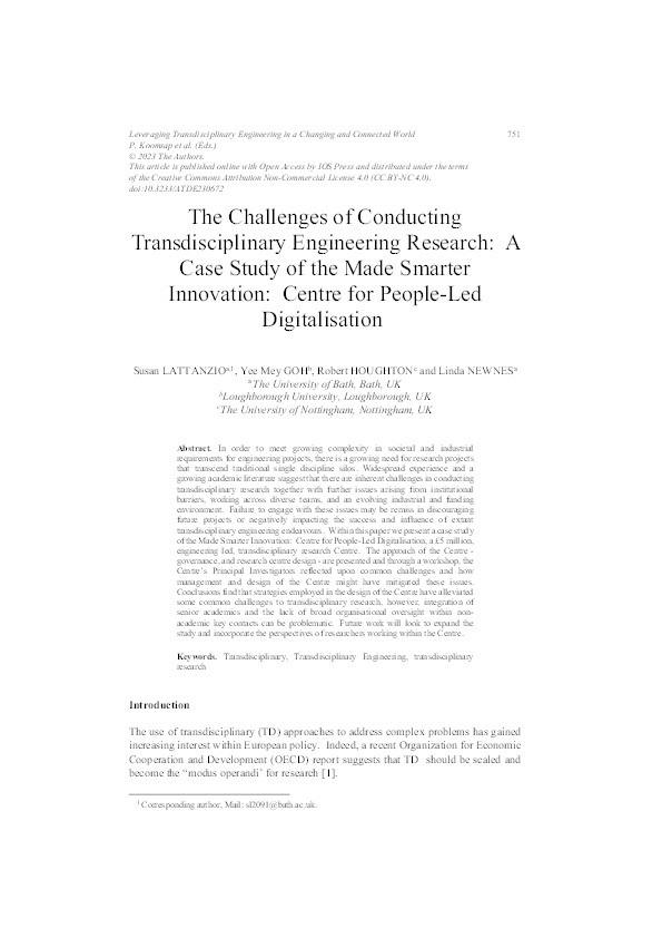 The Challenges of Conducting Transdisciplinary Engineering Research: A Case Study of the Made Smarter Innovation: Centre for People-Led Digitalisation Thumbnail