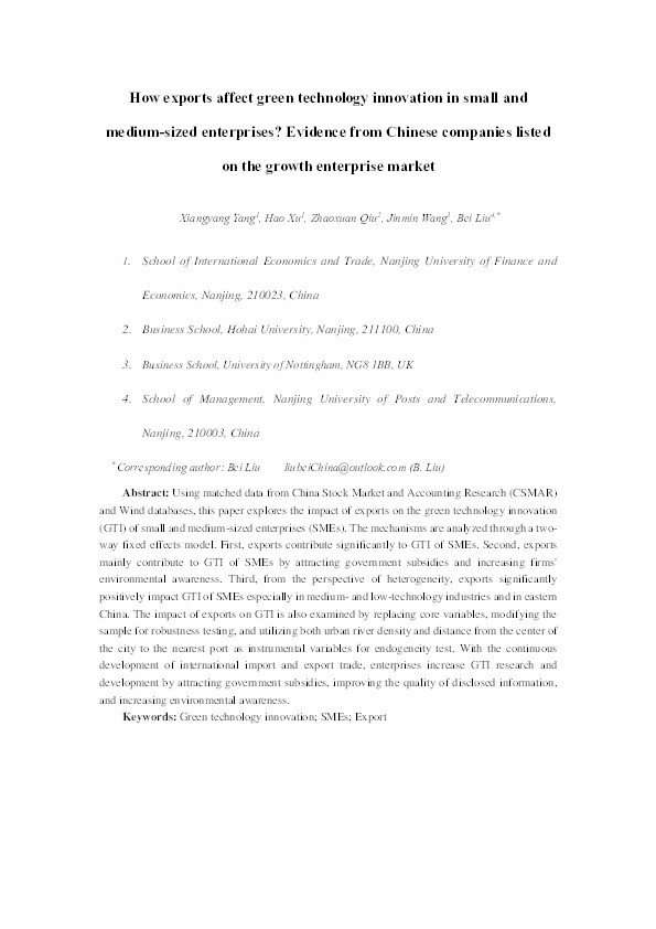 How exports affect green technology innovation in small- and medium-sized enterprises? Evidence from Chinese companies listed on the growth enterprise market Thumbnail